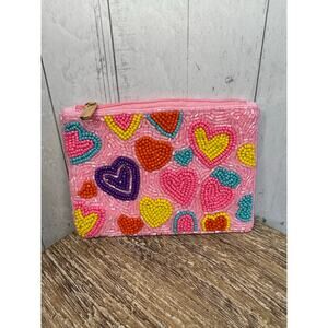 Beaded Coin Purse Pink Multicolor Hearts Wallet Travel Pouch Womens Accessories